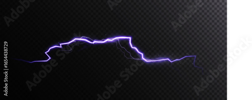 Violet electric lightning bolt with jagged path and soft glow on transparent background. Energetic plasma arc for power, sci-fi and dramatic FX, headers, overlays and abstract design.