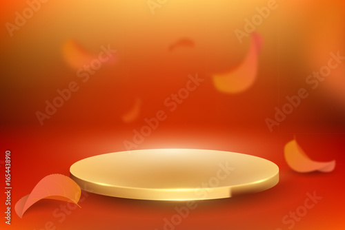 Abstract vector scene with gold geometric shape and flying autumn leaves. Cylindrical podium on a orange fall background and red leaves. Product presentation. Layout, podium platform pedestal autumn