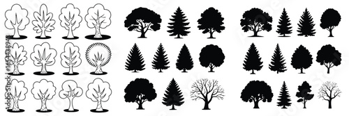 Assorted Tree Silhouette Collection Deciduous, Pine, and Bare Branch Trees Illustrations