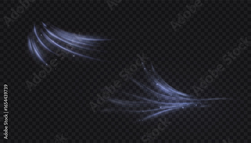 Soft air flows with white translucent wind traces and subtle glow. Dynamic vector air flow effect with curved stripes on dark background.