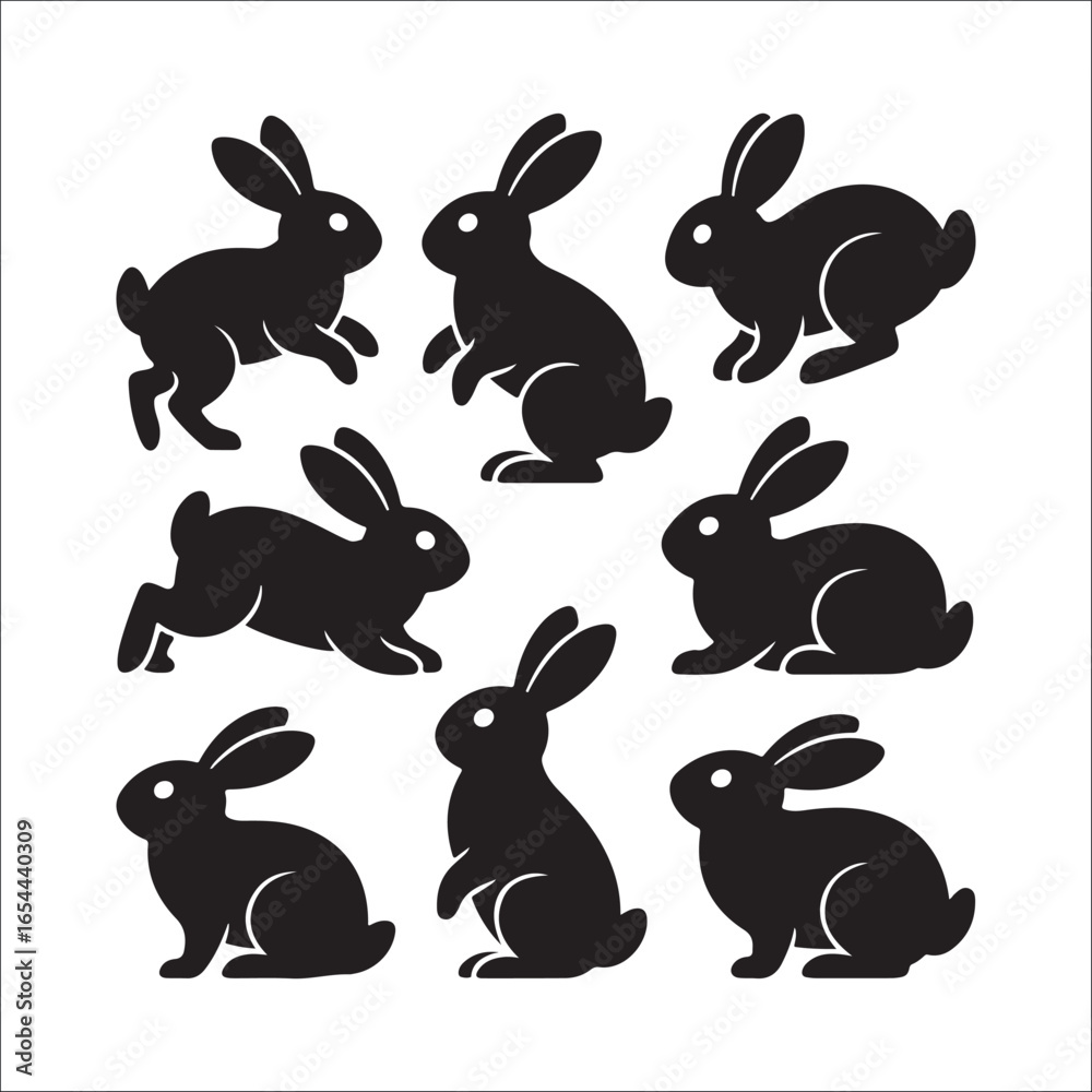Obraz premium A cute vector illustration set of cartoon rabbits and bunny silhouettes for Easter and spring designs