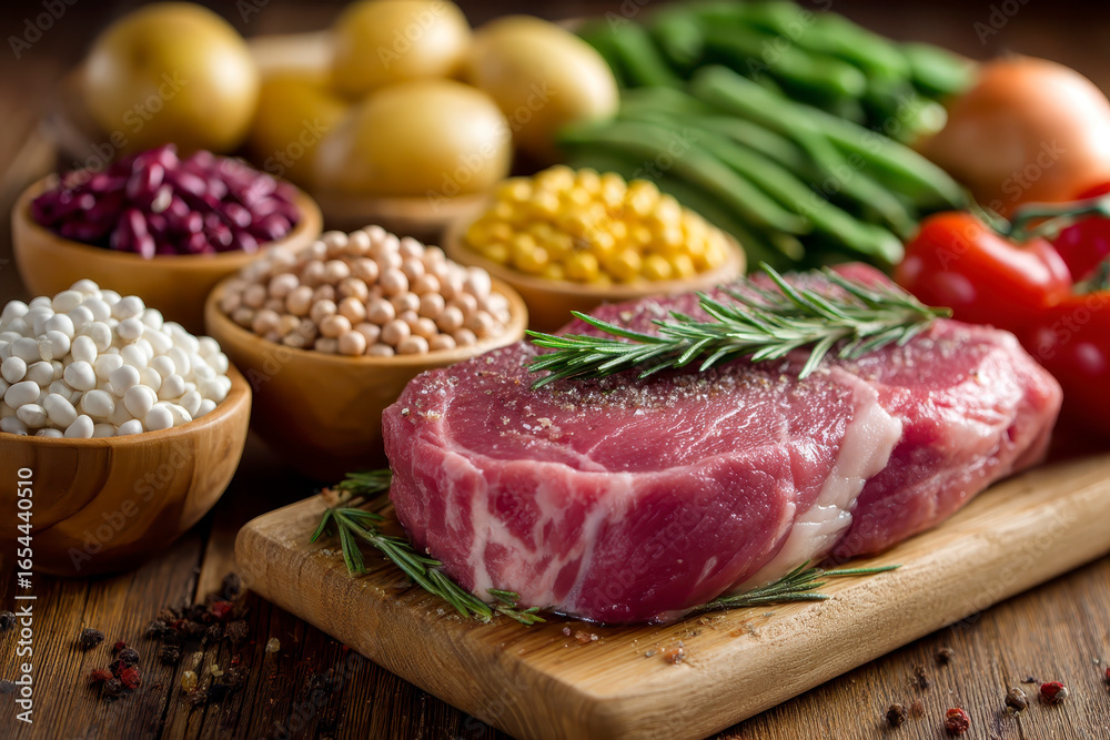 Fototapeta premium Fresh meat garnished with herbs, surrounded by array of colorful vegetables and legumes, creates vibrant and healthy meal preparation scene. rich textures and colors evoke sense of nourishment