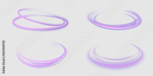 Glowing purple rings with smooth bright glow traces on white background. Futuristic vector glowing circles and curved glowing swirls.