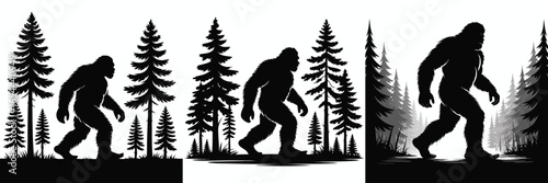 Bigfoot Sasquatch Walking in Forest Silhouette Set Illustration Mythical Creature Discovery