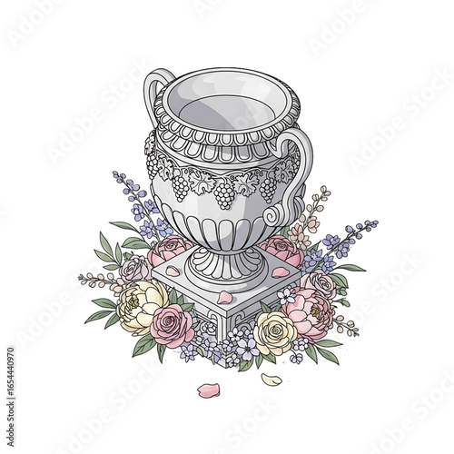 Ornate silver urn with flowers, representing cremation, loss, and eternal memory.