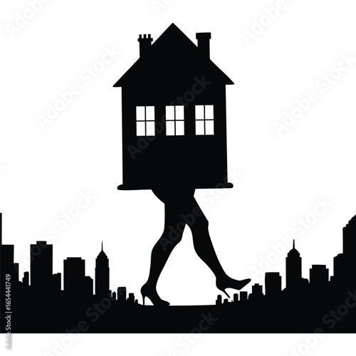 Woman Carrying House Silhouette, Cityscape Background, Real Estate Concept