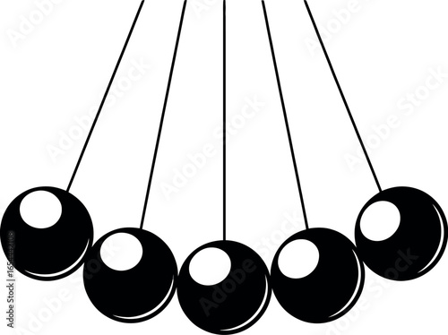 A black and white illustration of newton's cradle with five balls suspended by thin lines in motion
