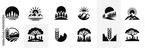 Black and White Icons Featuring Nature Scenes Mountains, Forests, Trees, and Sun Silhouettes