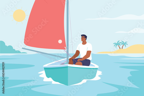 Flat Vector Illustration of a Serene Man Sailing a Small Boat on the Calm Tropical Ocean Towards a Distant Palm Tree Island Under a Sunny Sky