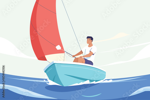 Young man sailing a small boat on the open sea. Flat vector illustration of a sailor enjoying a nautical adventure on the water.