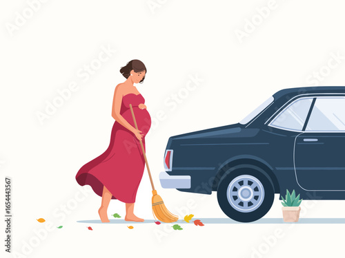 Pregnant Woman Sweeping Leaves Next to a Car Flat Vector Illustration