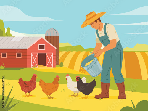 A flat vector illustration of a friendly farmer feeding chickens on a rural farm with a red barn in the background.