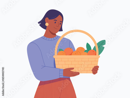 A cheerful woman gently holds a woven basket brimming with fresh, ripe oranges in this clean flat vector illustration, embodying health and nature's harvest.