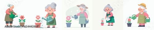 vector of a grandmother watering flowers in the garden