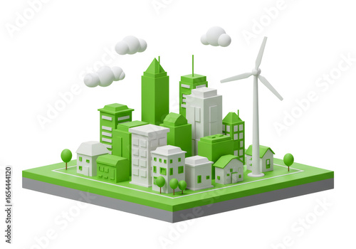 3D Green City With Wind Turbine Against Transparent Background Illustrating Sustainable Design