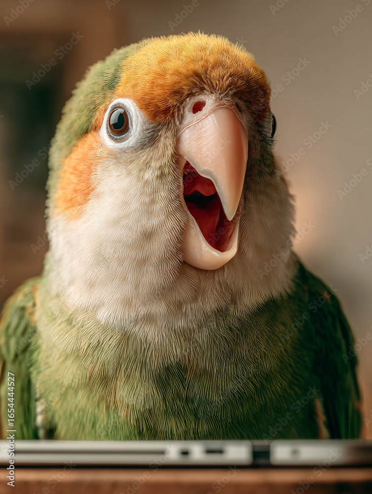 Fototapeta African Parrot Bird Closeup Green Feathers Pet Nature Wildlife Expression Beak Eyes Vocal Playful Tropical Exotic Perch Headshot Compact Sunny Lively Speech Behavior Bright Indoor Curious Fluffy