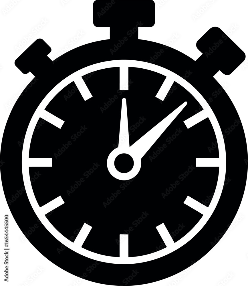 A black and white illustration of a stopwatch with two hands indicating the time on the clock face A black and white illustration of a stopwatch with two hands indicating the time on the clock face