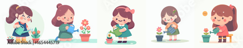 vector of a little girl watering flowers in the garden