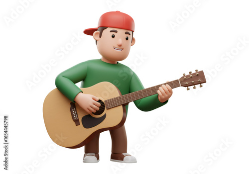 Cheerful Young Man Playing Acoustic Guitar with Red Cap and Green Shirt on Transparent Background