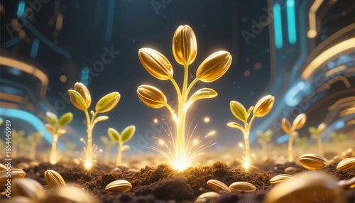 golden seeds sprouting into shining plants, symbolizing growth and success
