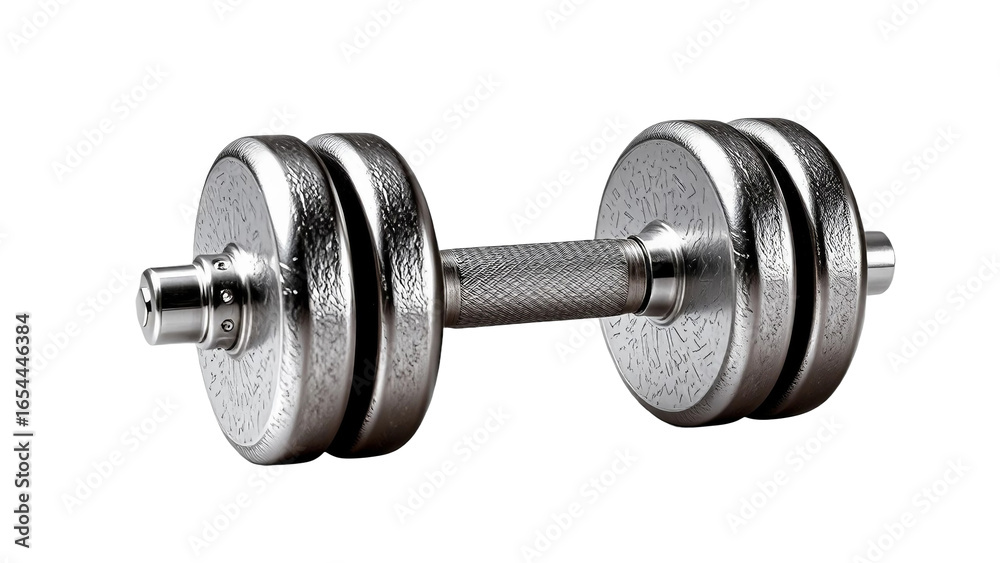 Fototapeta premium Realistic metallic dumbbell with shiny steel texture, isolated on transparent background, fitness and gym equipment symbol.