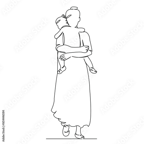 One continuous single drawing line art flat doodle parent, happy, mom, love, woman, one, mother, girl, daughter. Isolated image hand draw contour on a white background
