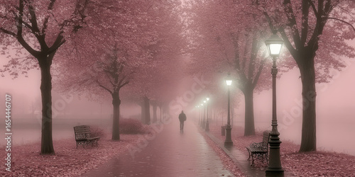 Misty Path Lined with Pink Trees