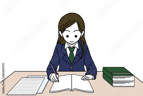 正面向きで勉強する女子高生（ブレザー制服）