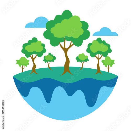 Stylized island ecosystem with trees and clouds