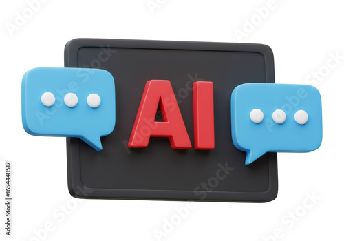 3D Rendered AI Chat Bubble with Red AI Text on Black Rectangular Background