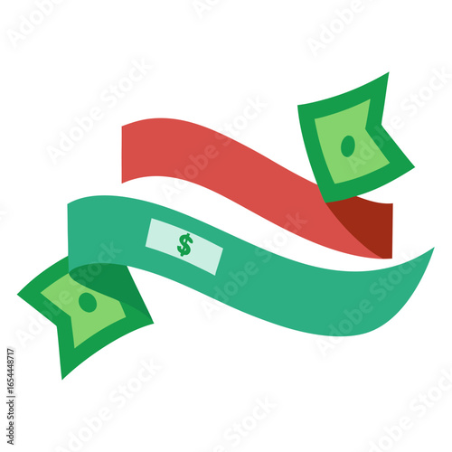 Money flying with red and green ribbon banner