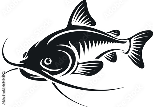 A stylized black and white illustration of a catfish with prominent whiskers and fins design element