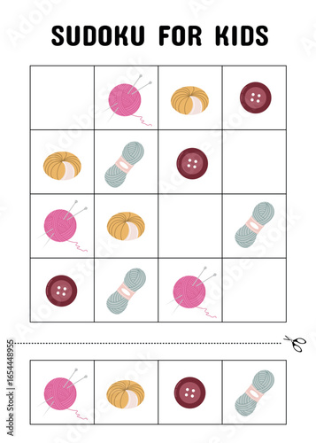 Kids Sudoku Puzzle with Yarn Balls, Buttons, and Knitting NeedlesWeb