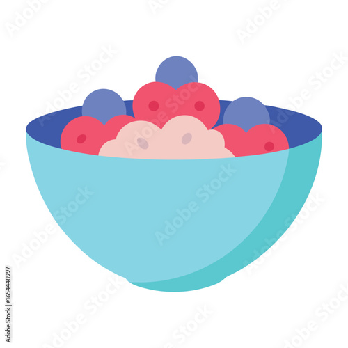 Vector art of bowl of breakfast cereal with berries and cream isolated on white background