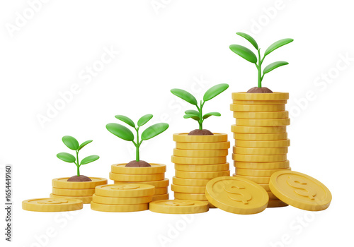 Rising Stacked Gold Coins with Green Sprouts Depicting Financial Growth