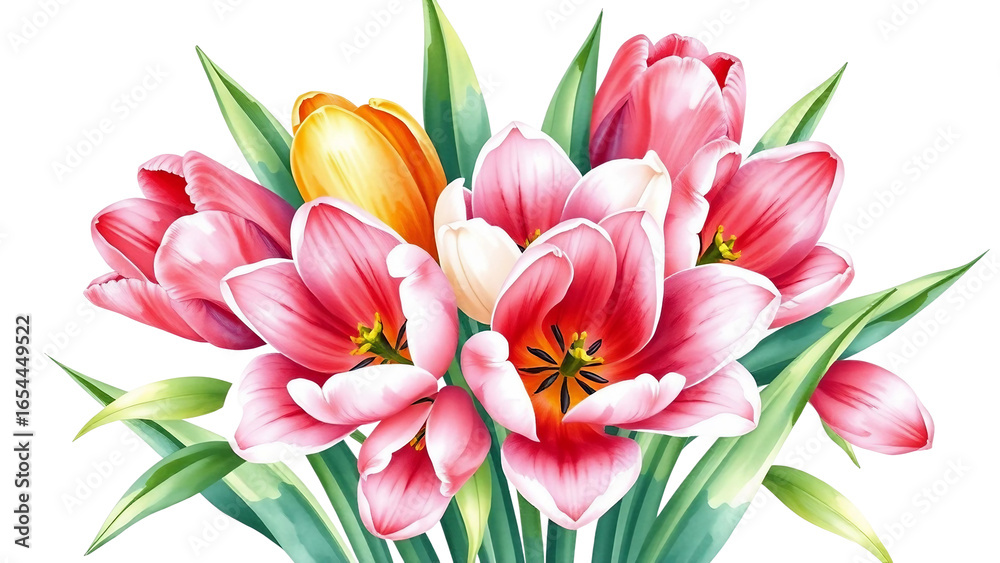 Naklejka premium Colorful tulip bouquet in watercolor style, isolated on transparent background, spring floral illustration.