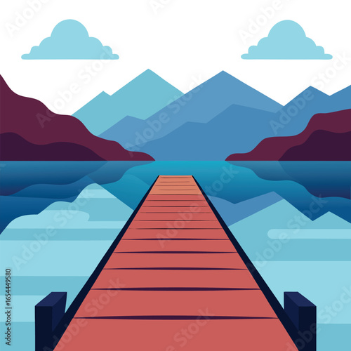Vector art of wooden pier extending into a calm lake with mountains in the background