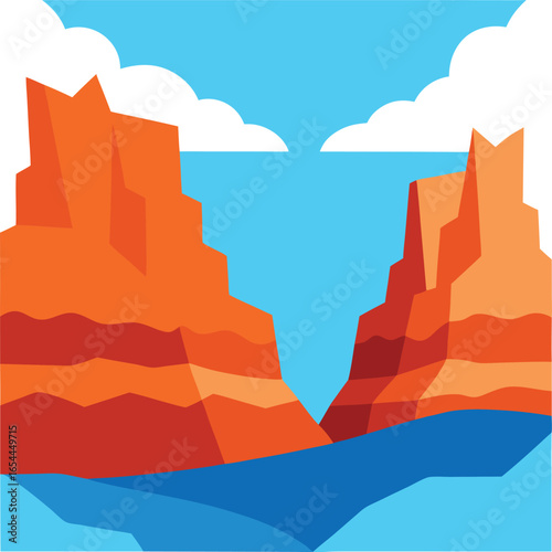 Vector art of vibrant canyon landscape with a river flowing between orange rock formations