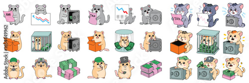 Cartoon Hamsters and Mice with Money, Boxes, Safes, Cages, and Tax Themes, Various Positions