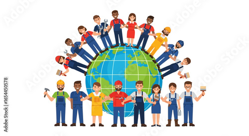 Diverse workers from around the world, standing around a globe, representing global workforce unity.