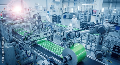 Dynamic production environment within a solidstate battery gigafactory focusing on sustainable electrode coating practices and automation.