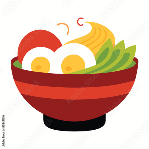 Vector art of red bowl with ramen noodles, egg, avocado and tomato, isolated on white background