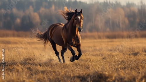 Wild horse running freely across open field landscape with dust cloud in motion, majestic stallion symbolizing freedom, strength, and nature in scenic countryside meadow under clear sky