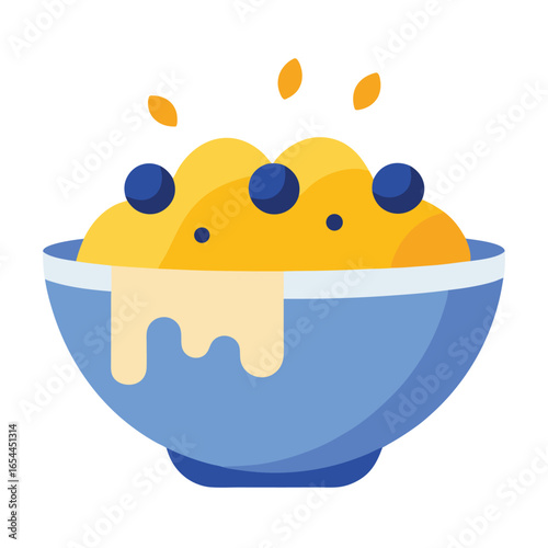 Vector art of blue bowl with cereal, blueberries and milk, isolated on white background