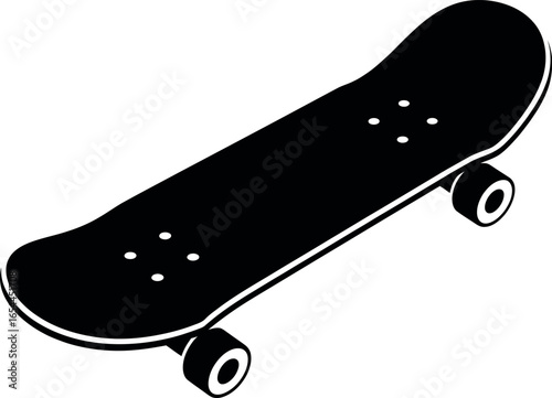 A black and white graphic illustration of a skateboard with four wheels on a white background plain style