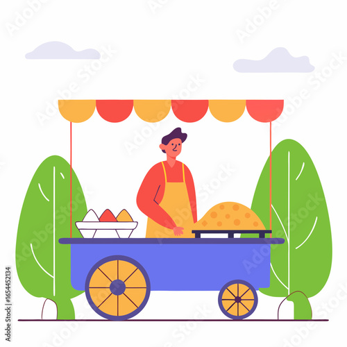 Pakistani street food vendor selling samosas and pakoras from a colorful cart