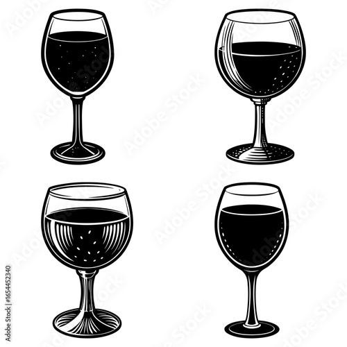 Illustration of four wine glasses filled with dark liquid in varying styles and orientations