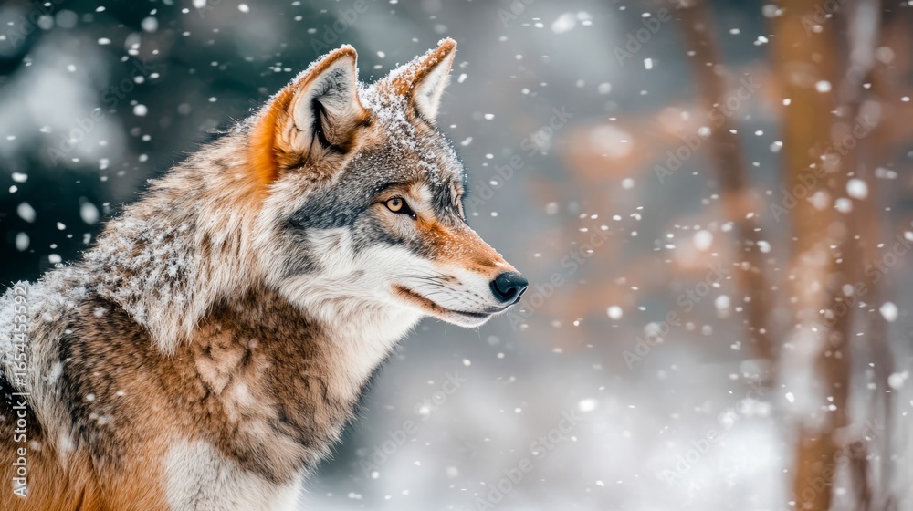 Obraz premium Majestic wolf in snowy winter forest, ultra hd 8k wallpaper featuring wild wolf amid fresh snow, stunning wildlife photography capturing frosty natural landscape in high-resolution detail