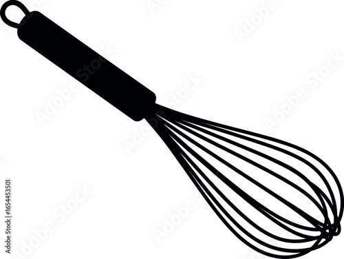 A black and white illustration of a whisk with a looped handle and wire loops on a white background