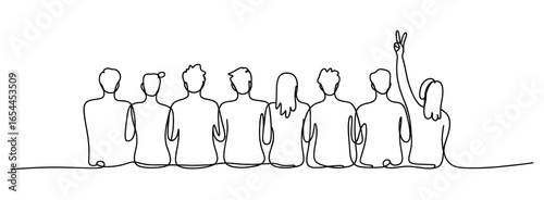 Minimalist Continuous One-Line Art of a Group of Friends from Behind, with One Person Holding Up a Peace Sign